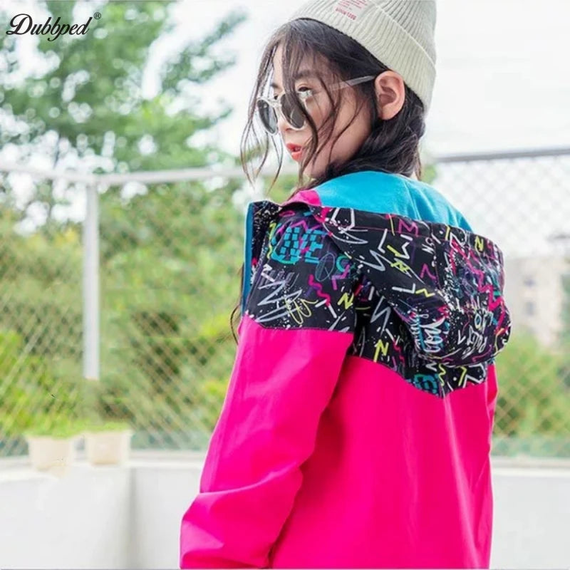 Dubbped New Fashion Spring  Autumn Jackets Rian Girls Coat Waterproof Windproof Windbreaker  Hooded Kids Clothes 3-12Y