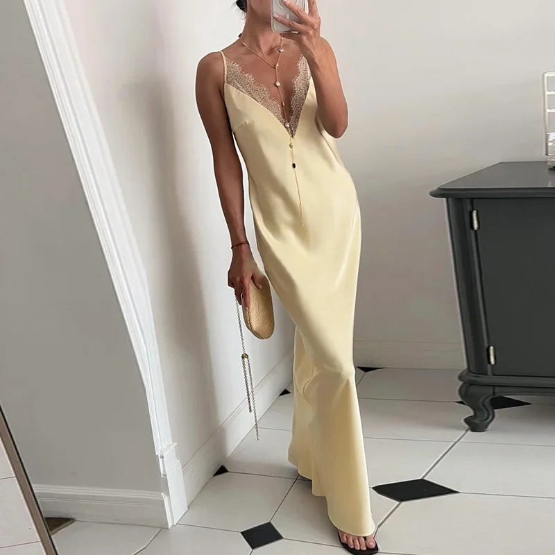 Elegant Lace Patchwork Women's Dress V-Neck Slip Top Sleeveless Lady Long Dresses 2026 Spring Summer Female Vacation Robe