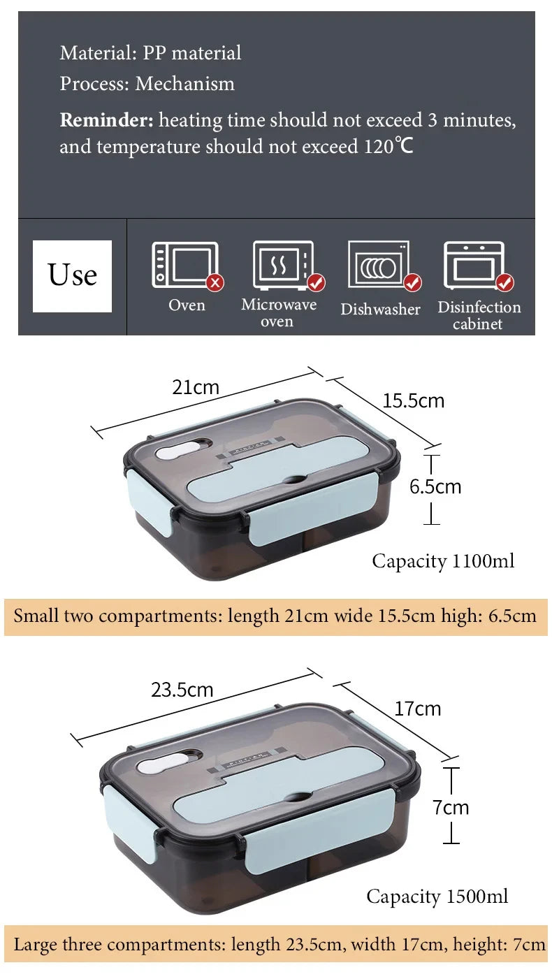 1500ML Lunch Box Food Storage Box 3 Grids Student Office Worker Microwave Bento Box Outdoor Picnic Container With Fork Spoon