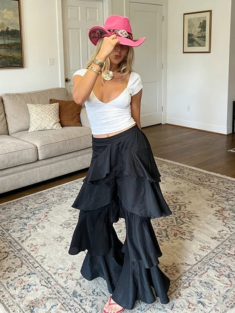 Ruffle Street Cascading Women's Y2k Pants Fashion Elastic Waist Wide-leg Female Trousers 2026 Summer Chic Holiday New Lady Pant