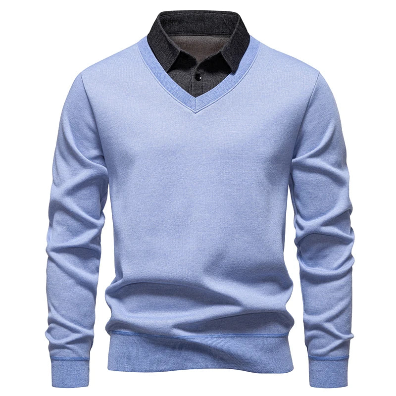 Autumn Winter Men's Fake Two-Piece Knitted Pullovers Fashion Slim Fit Turn Down Collar Knit Sweater Men Fleece Warm Pullovers