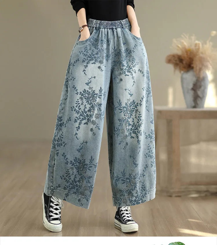 Spring Summer Retro Printed Denim Pants for Women Good Quality Elastic Waist Jeans Loose Casual Wide Leg Straight Trouser