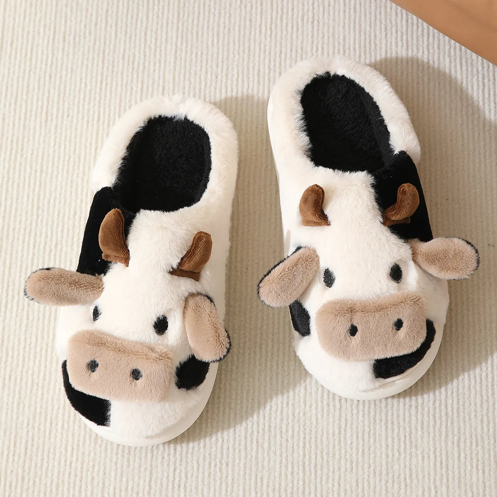 Winter Women Warm Cow Slippers Girls Cute Soft Indoor Bedroom Sandals Men Non-slip Plush Slides Couples Funny Flat Flip Flops