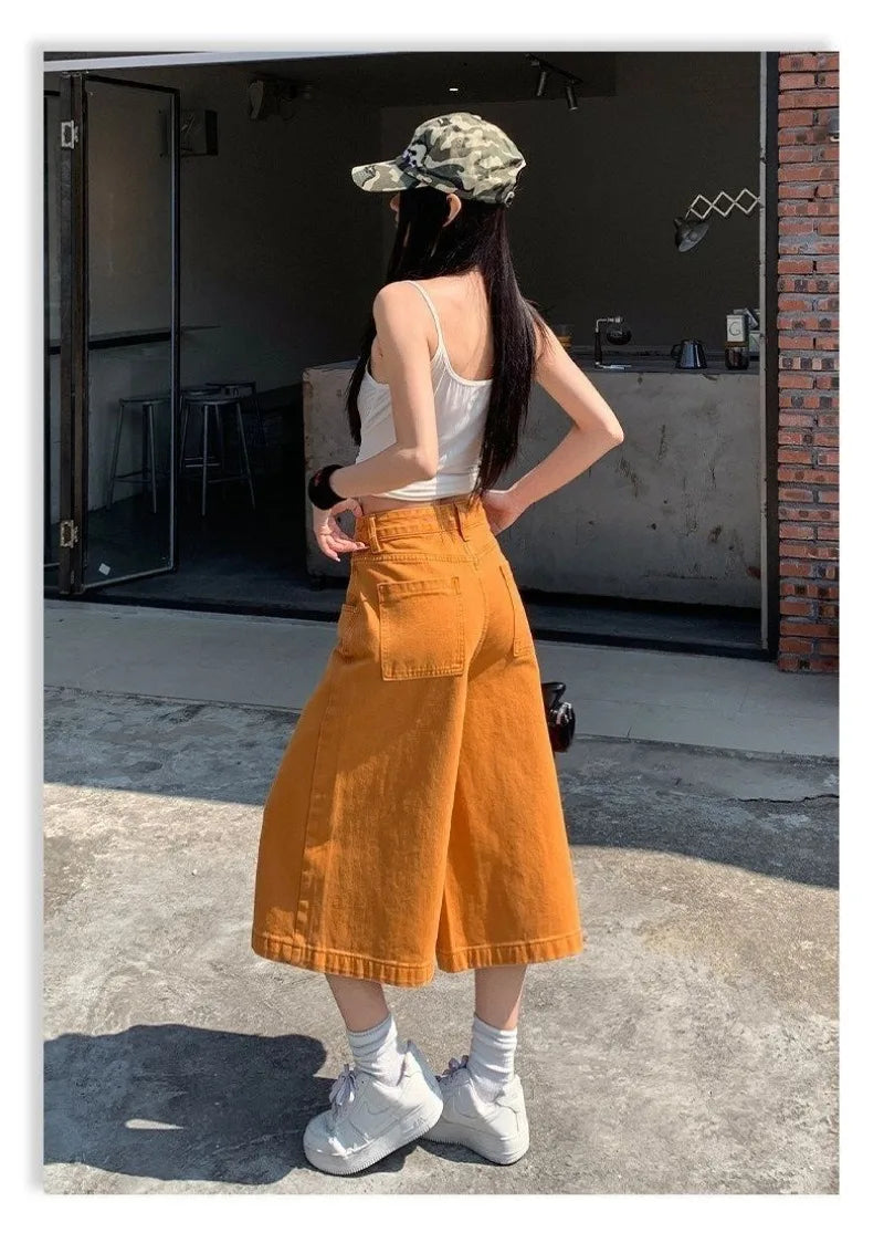 Retro High Waist Wide-leg Jeans Women Summer New Fashion Loose Straight Calf-Length Denim Pants Female Orange Whiter Cowboy Pant