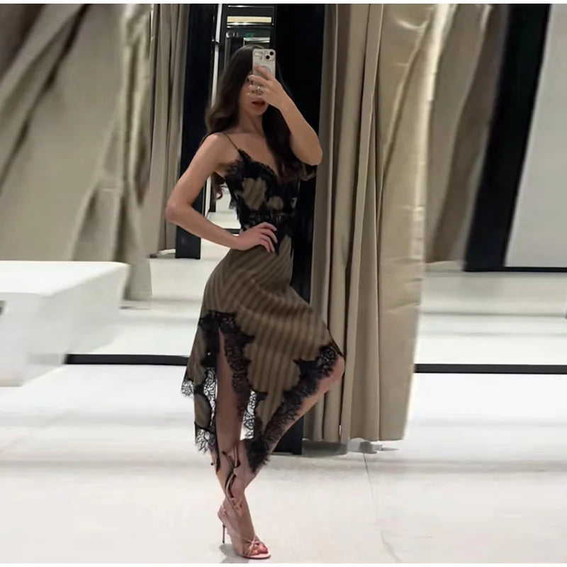 Lightweight Chiffon V-Neck Lace Insert Waist Maxi Dress Cutout Puff Sleeve 2026 Summer Women Party Dress Trendy Chic Lady Outfit