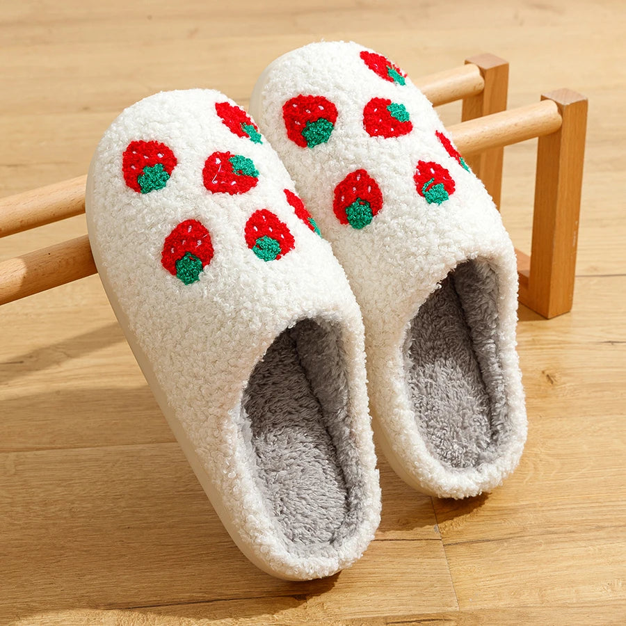 Cute Avocado Women Slippers Winter Warm Indoor Fruit Cartoon Funny Soft Non-slip Slipper Cherry Strawberry Comfy Cotton Shoes