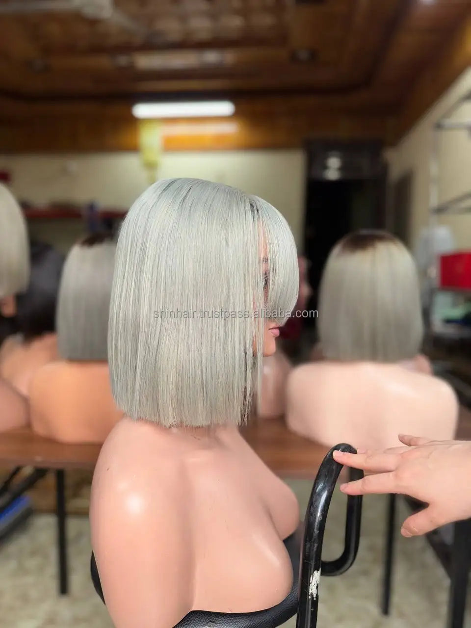 Wholesale Ginger Transparent Lace Bob Wigs with Bangs Gray Color Vietnamese Human Hair Fringe Glueless Middle Part Women