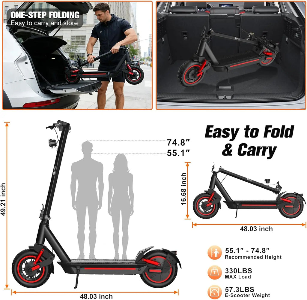 1200W Off-Road Electric Scooter for Adults 48V Long Range 30mph Fast Speed 10'' Pneumatic Tire Foldable Dual Suspensions Scooter