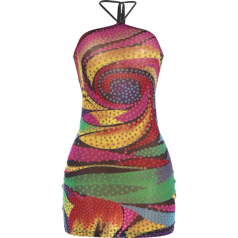 Kliou Colorful Print Mini Dress Woman Lace-Up Halter Off Shoulder Backless Skinny Wrap Hip Midnight Club Party Fashion Bodycon