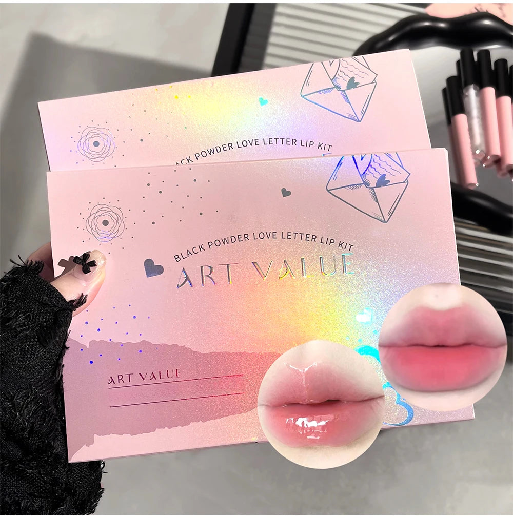 Art Value Black Pink Love Letter Lip Makeup Set Whitening Long-lasting Lip Mud Mirror Lip Glaze Gift Lip Glaze Set