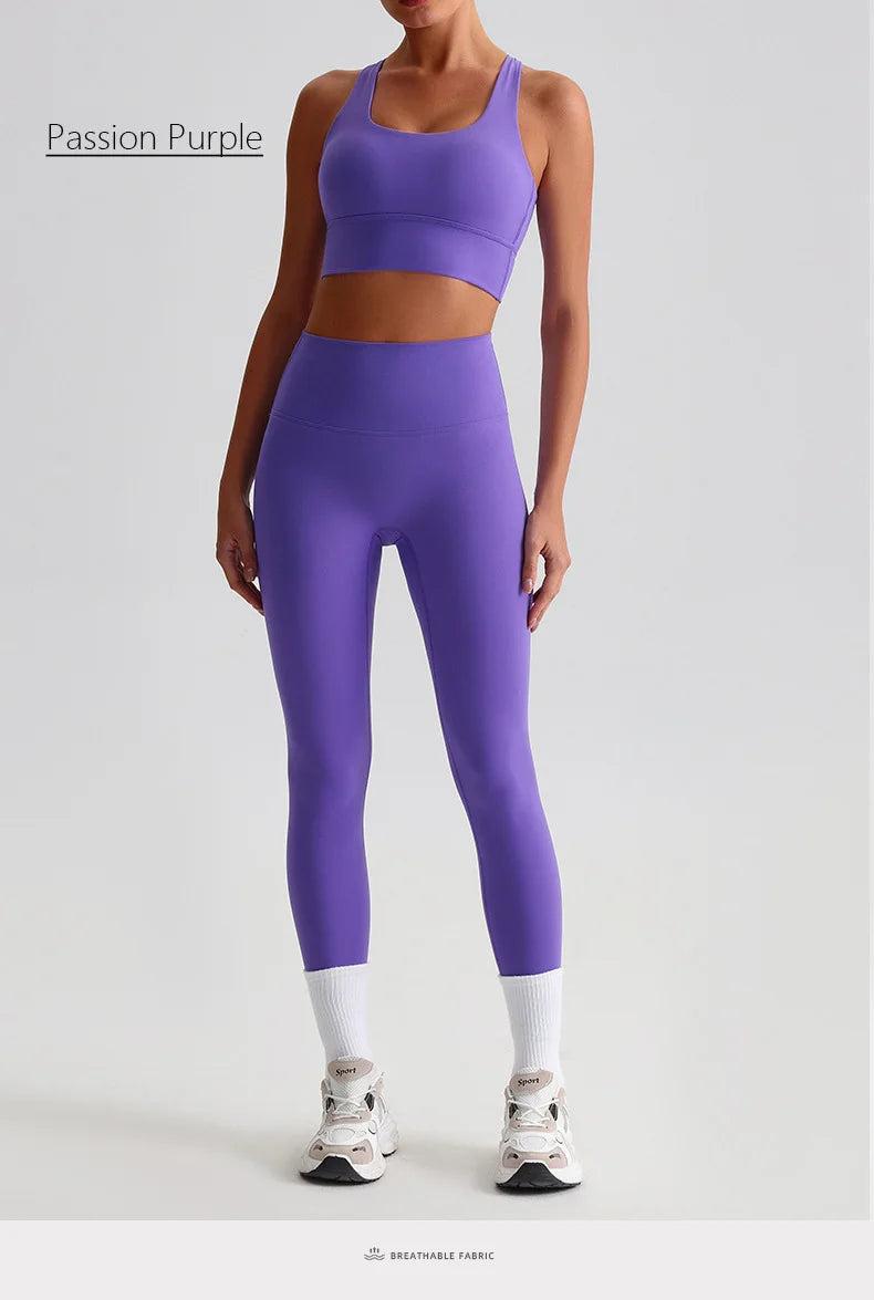 Naked Feel Yoga Set Women Fitness Sportswear 2 Piece Strappy Sports Bra High Waist Gym Leggings Workout Outfit Active Wear
