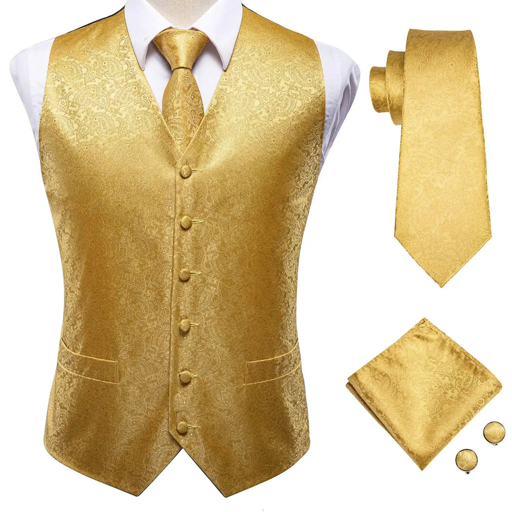 Hi-Tie Silk Mens Waistcoat Tie Set Gold Brown Orange Beige Ivory Khaki Bronze Sleeveless Jacket Suit Vest Necktie Hanky Cufflink