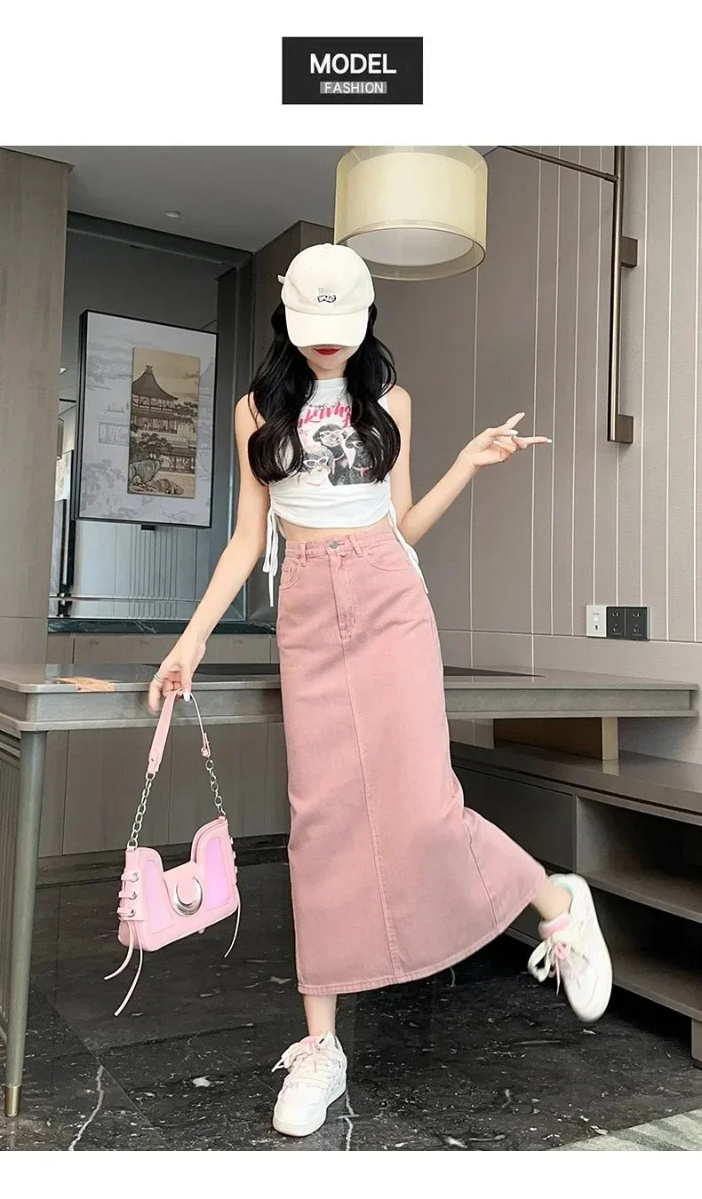 New Summer Women's 100% Cotton Denim Shorts Pink High-waisted Slit Retro Elegant Fashionable Casual Denim Long Skirt Female