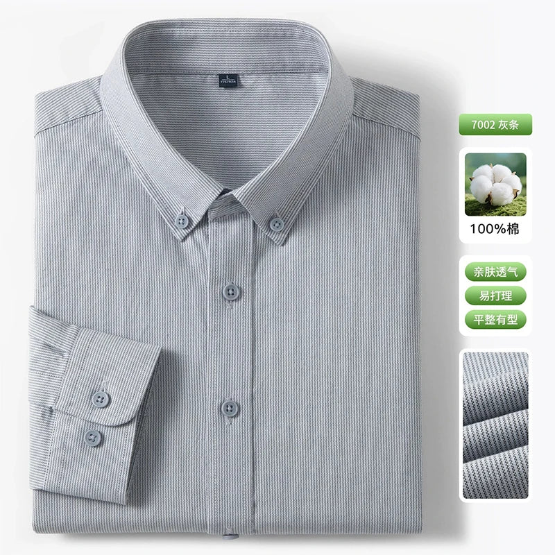 New 100% Pure Cotton Striped Shirt For Men's Long Sleeve Casual Regular Fit Soft Comfortable Business Social Shirts Men Clothing