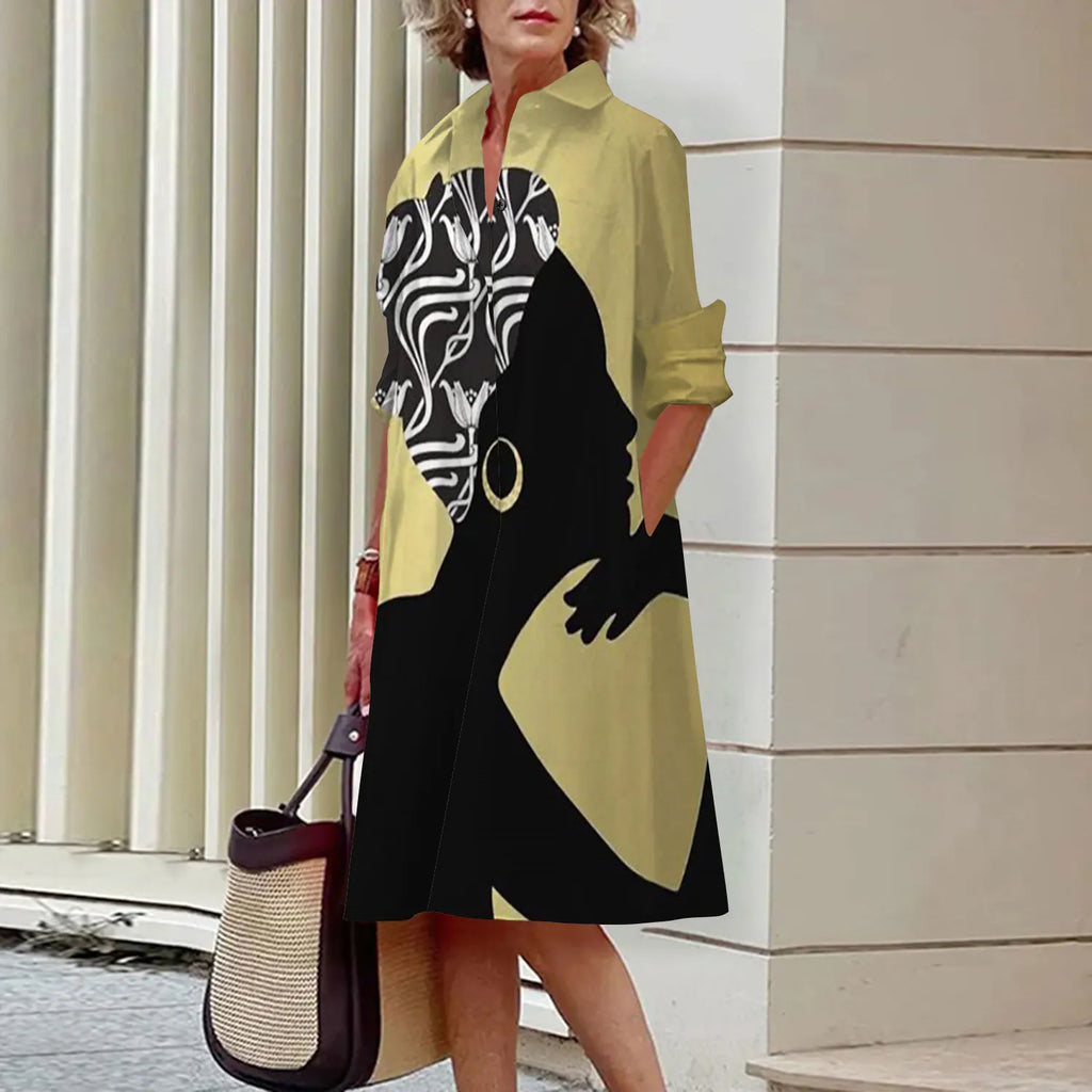 MCDV New Simple Women's Shirt Casual Queen Printed Long Sleeve Fashion Elegant Lapel Pocket Street Women's Dresses Noble Black