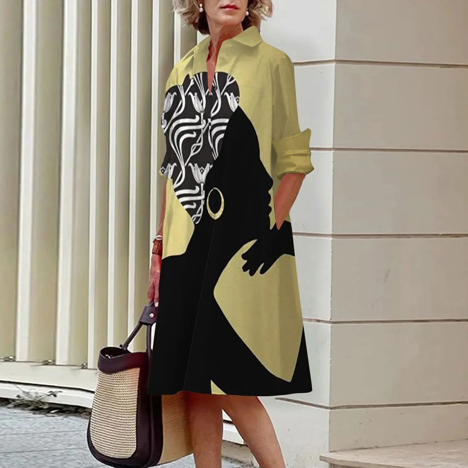 MCDV New Simple Women's Shirt Casual Queen Printed Long Sleeve Fashion Elegant Lapel Pocket Street Women's Dresses Noble Black