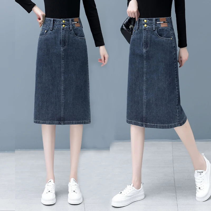 High Waist A-Line Midi Skirt for Women Spring 2023 Denim Split Long Dress Korean Style Commute Pure Color Long Skirt