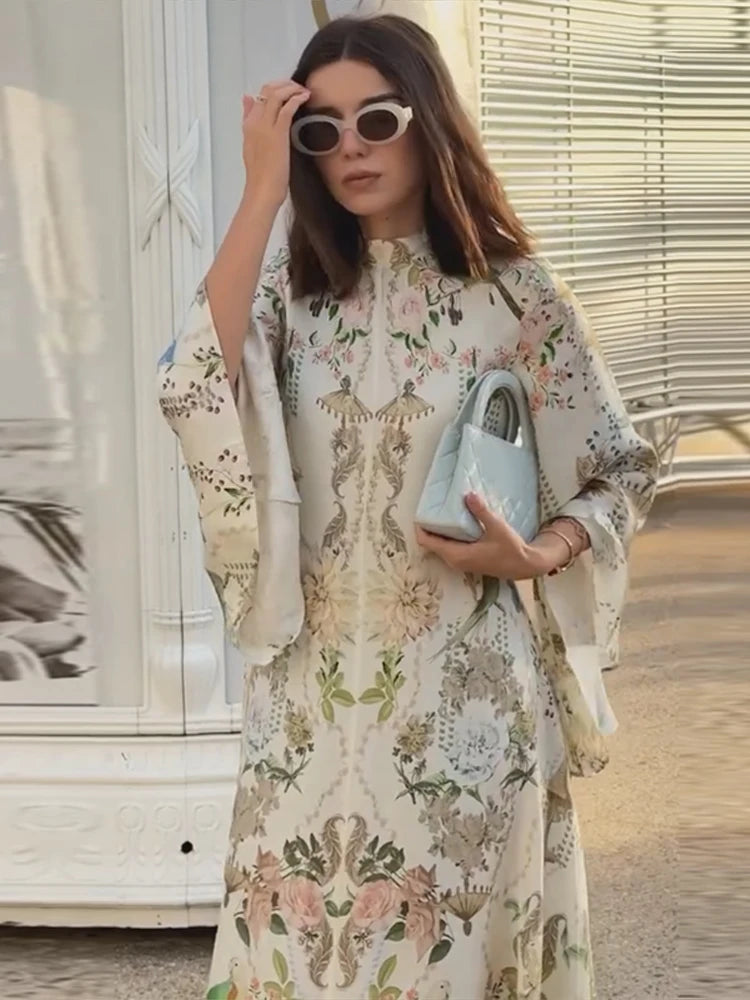 Elegant Women's Printed Long Dresses Loose O-neck Flared Half Sleeve Big Hem Wide Female Dresses 2026 Summer Lady HolidayRobes