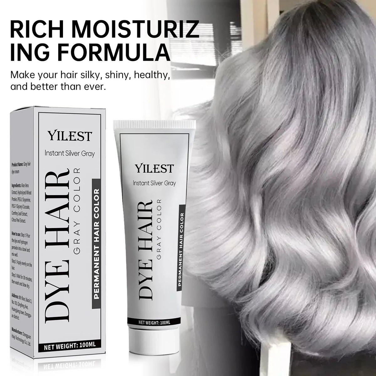 Smoky Silver Grey Hair Dye Cream 100ml - Quick Coloring, Long-Lasting & No Damage DIY Styling for Professional Look.