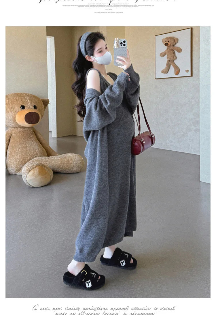 Maternity Suit  Autumn High-End Lazy Style Versatile Long Coat And Lace Paneled V Neck Straight Tank Dress Two Piece Set