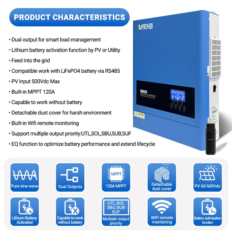 6.2KW Hybrid Solar Inverter 230V 48V Pure Sine Off Grid On Grid Inversor 120A MPPT Solar Charge Controller for PV Solar Panels