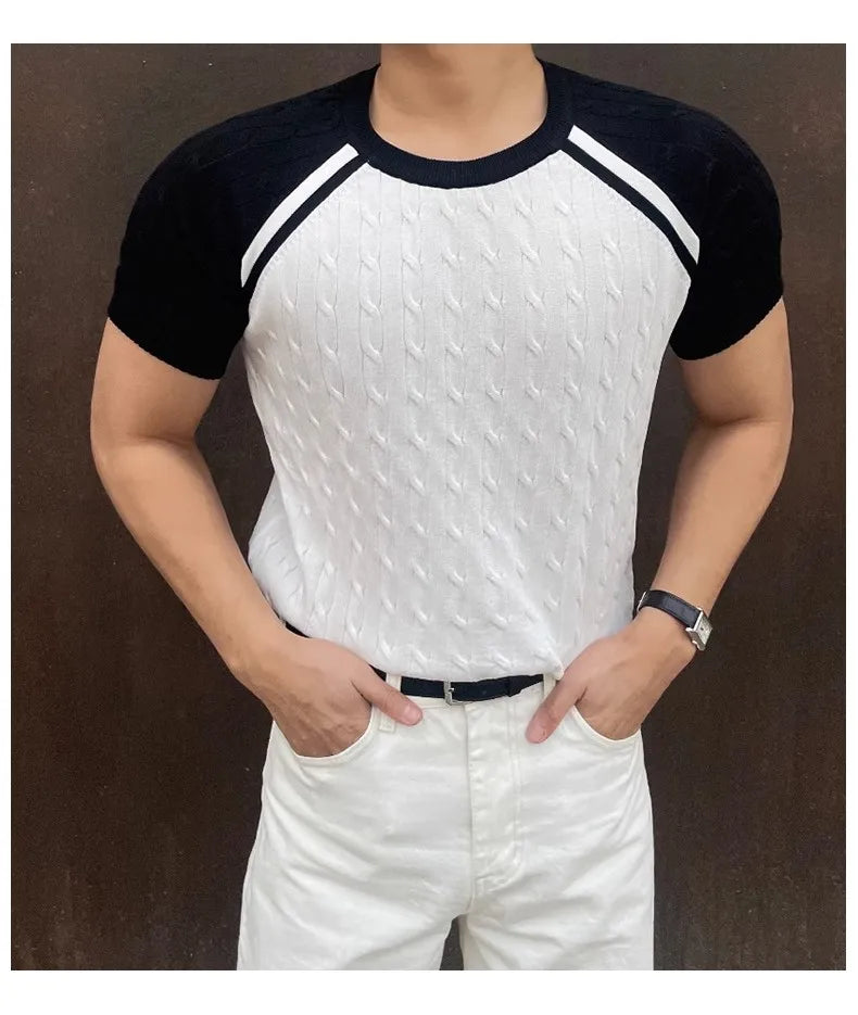Summer Men's Clothing Light Luxury Knit O Neck Short-sleeved T Shirt Patchwork Leisure Korean Popular Streetwear Retro Knitwear