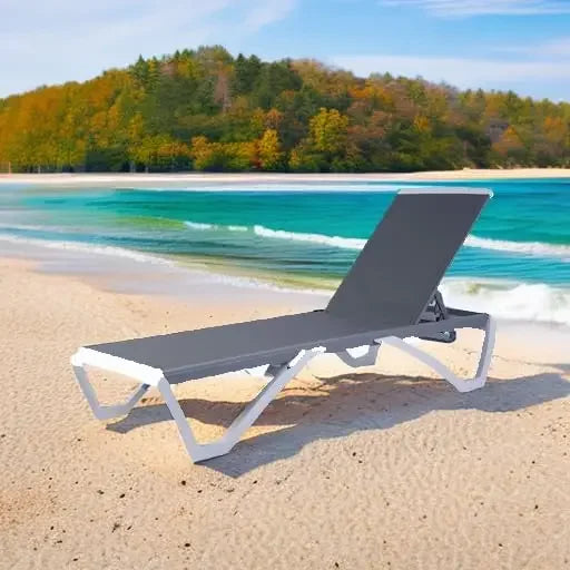 Adjustable Outdoor Chaise Lounge with Aluminum Frame and Resin Legs, Gray Textilene Fabric for Patio, Beach, or Poolside