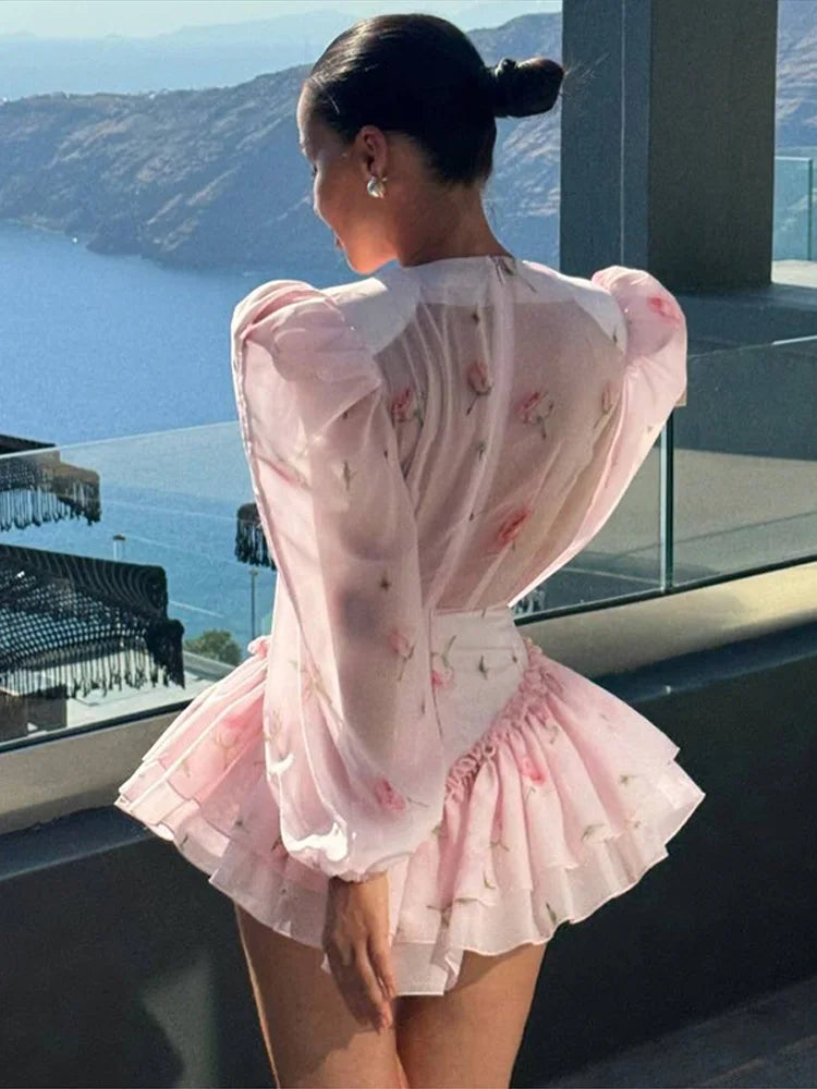 Women Rose Print Dress Puff Long Sleeve Mini Dress Sheer Mesh Ruffle Hem Button Front Fairy Party Short Dresses Summer Wear