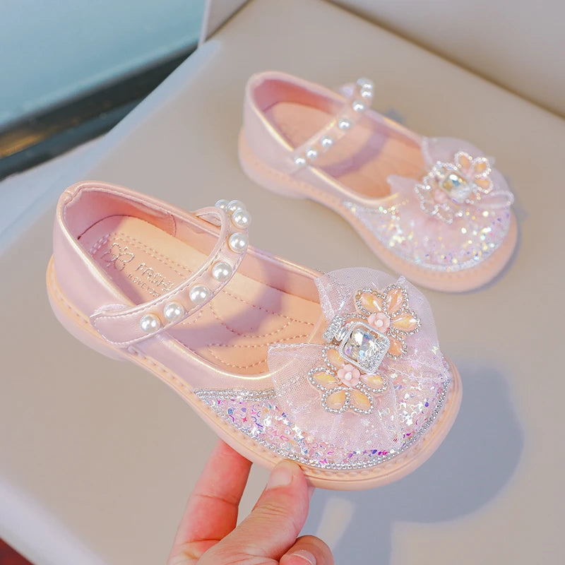 Spring and Autumn Fashion Princess Pearl Elegant Casual Shoes Hot Selling Lightweight Children's Comfortable Bow Soft Flat Shoes