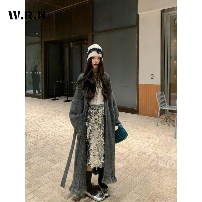 2024 Spring High Street Clubwear Sequins Design Mid Long Skirts Women Casual High Waist Streetwear Hotsweet A-Line Skirt
