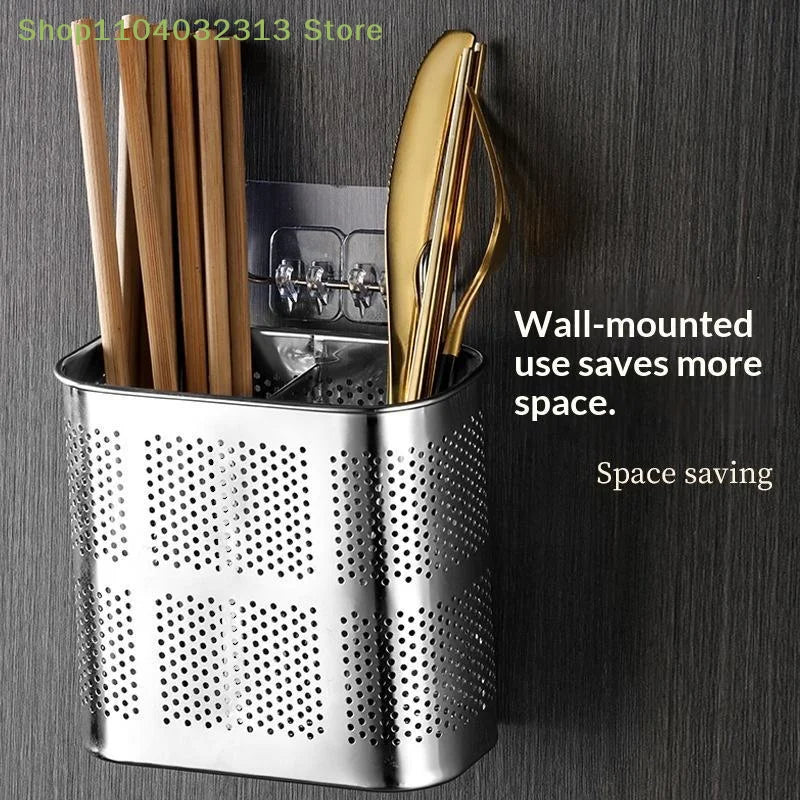 Stainless Steel 2 Compartment Cutlery Organizer With Hooks, Utensil Holder For Kitchen Counter, Dishwasher Safe Flatware Drying