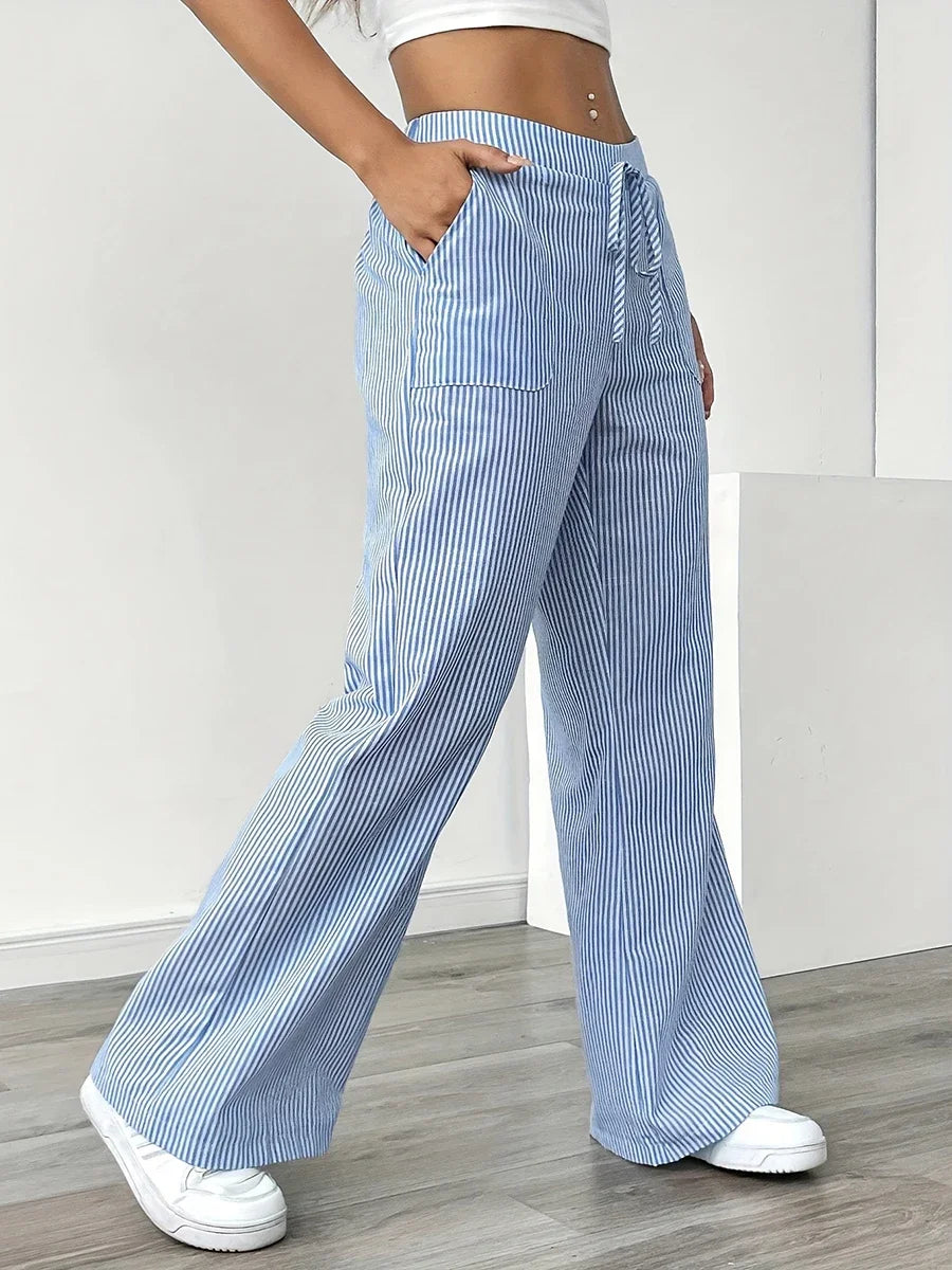 New Korean Style High Waist Drawstring Wide Leg Pants Women Vertical Striped Loose Casual Trousers Elastic Waist with Pockets