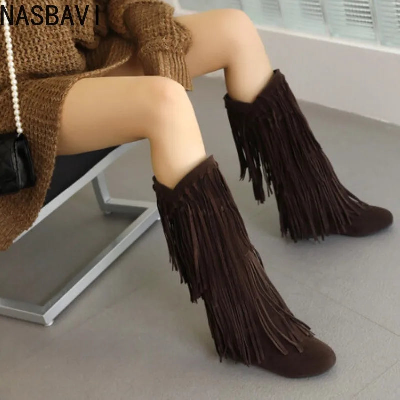 2025 New High Boots Women Bohemian Flock Tassle Mid-Calf Boots Wedge Booties Autumn Winter Ethnic Casual Shoes zapatos de mujer