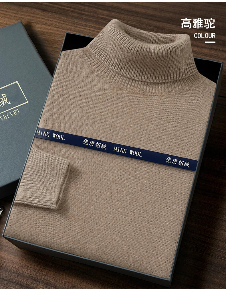 2024 Autumn Winter New Men's Casual High Collar Mink Cashmere Sweater Versatile Loose Pullover Knitted Sweater Warm Base Sweater