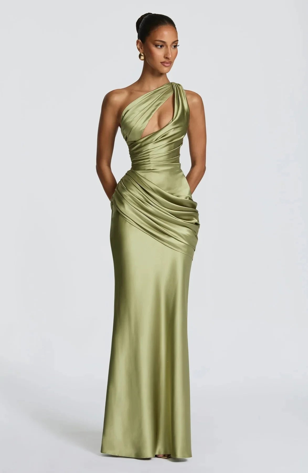 Women Satin One Shoulder Cutout Maxi Dress Elegant Green Ruched Mermaid Slim Fit Flowy Vestido 2026 Lady Summer Evening Dresses