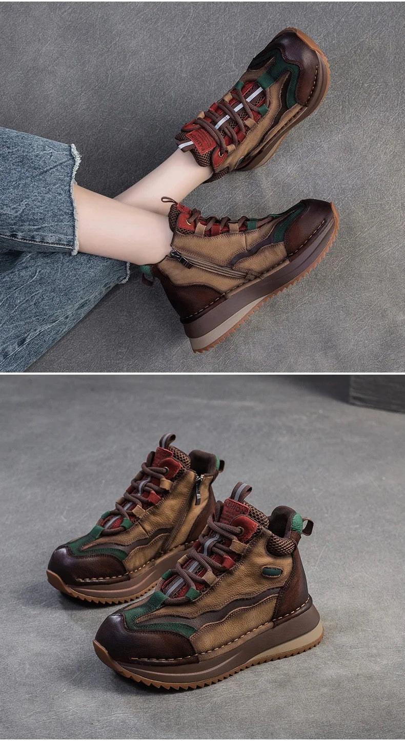 DRKANOL 2026 Women Boots Autumn Winter Mixed Colors Genuine Cow Leather Warm Ankle Boots Ladies High Top Casual Sneakers Shoes