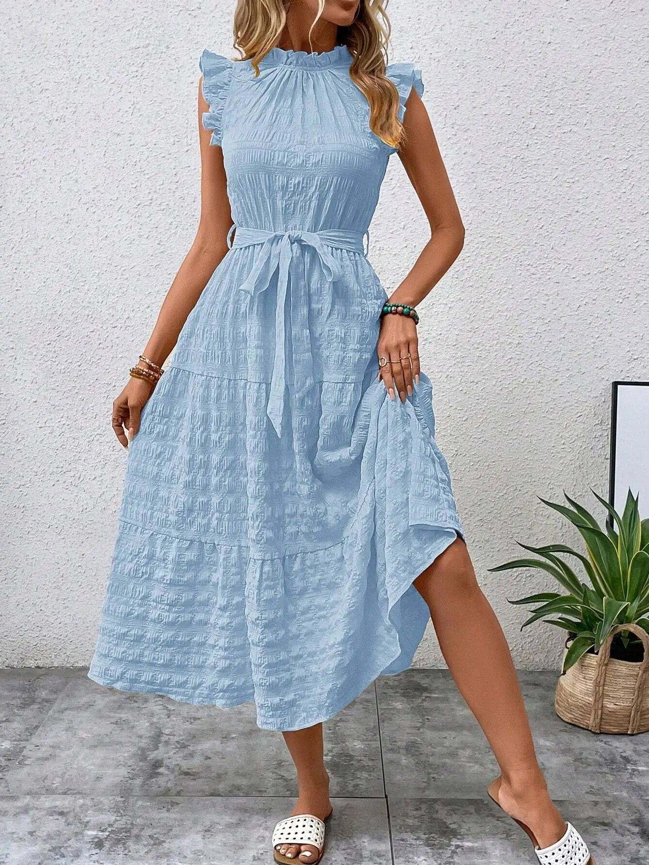 Elegant Women's Summer New Fashion Wooden Ear Edge Flying Sleeve Lace Up Texture Dress Purple  Sleeveless Lace Up Long Dresses