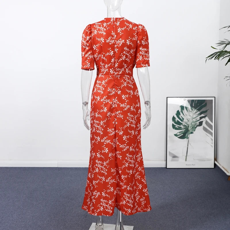 Sexy Deep V-neck Women's Floral Print Dresses 2026 Summer Elegant Waist-cinching Short Sleeve Pleated Long Robes Ladies Dress