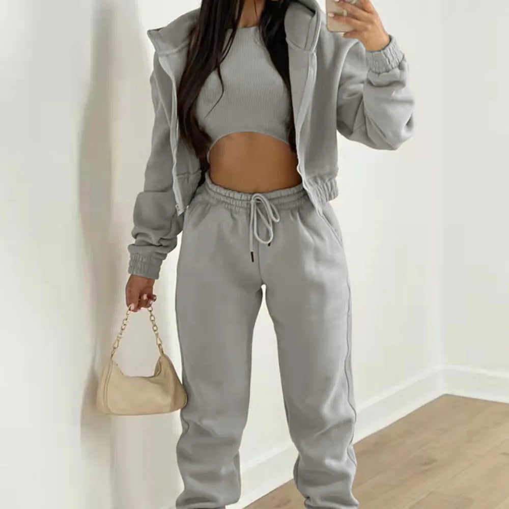 Women's Winter Hoodie Sweatshirt Casual Winter Outfit Three-piece Set Long Trousers for Cold Weather, Travel and Home Comfort