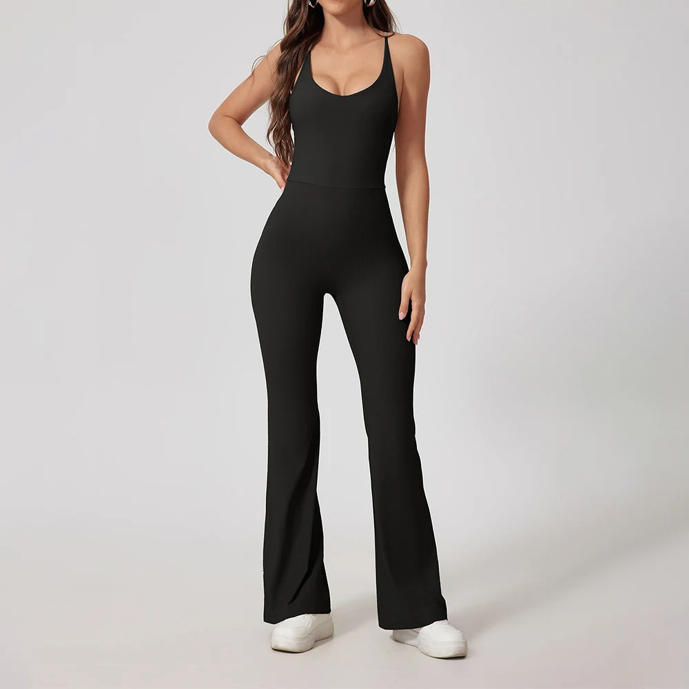 Women Thread Yoga Jumpsuit Sleeveless Gym Tracksuits Flared Overalls Workout Bodysuits Sportswear Female Sports One-Piece Outfit