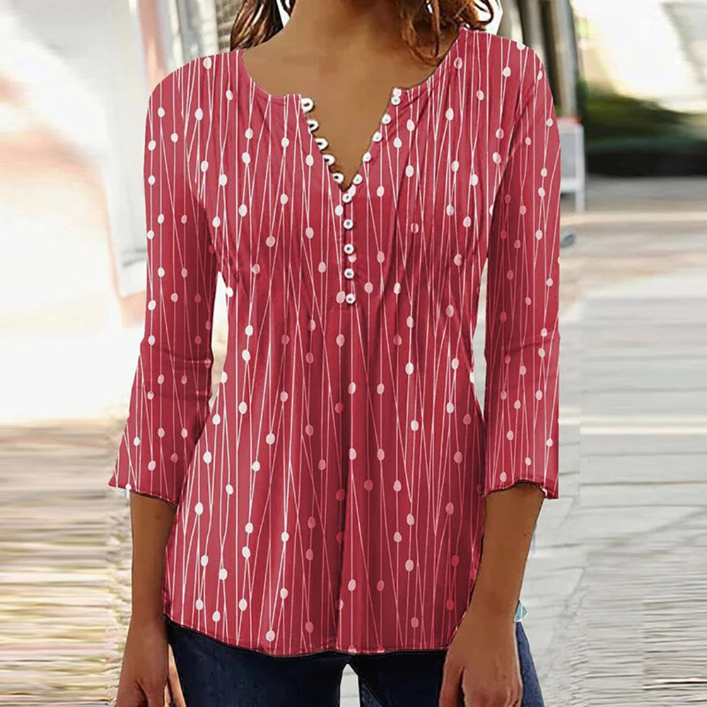 2024 Trendy 3D Printed Shirts for Women Spring Summer 3/4 Sleeve V Neck Buttons Blouse Shirt Elegant Ladies Long Sleeve Tops