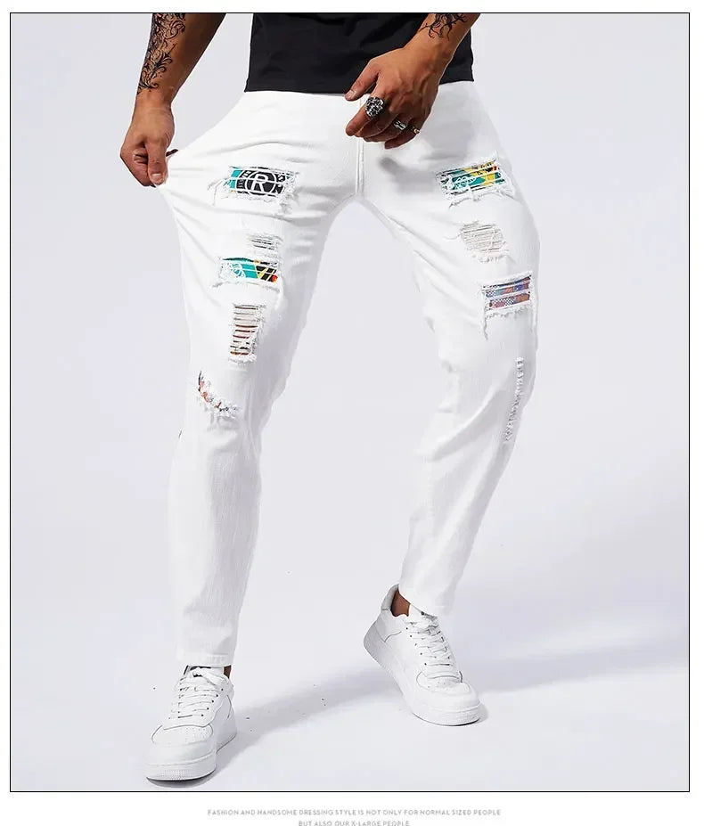 White 97% Cotton Jeans Men Clothing New Ripped Slim Patchwork Fashion Hole Skinny Elasticity Denim Trousers Male Streetwear
