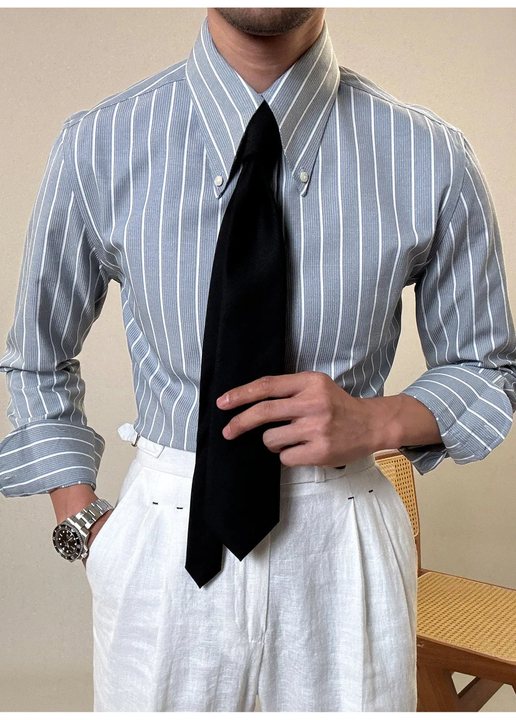 Anti-wrinkle Tianshan Cotton Italian Long Point Collar White Striped Shirt Men's Long Sleeve Casual Business Shirt