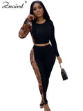 Znaiml Sexy Print Splicing Two Piece Sets Women O Neck Long Sleeve Crop Top and Pants Bodycon Matching Outfits Street Tracksuits