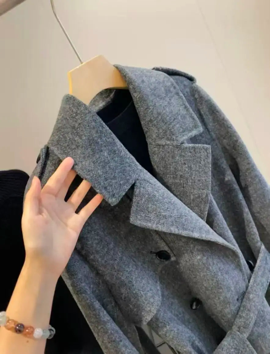 Original Grey 2025 Women's new style wool blend woolen coat with belt, double-sided fleece long woolen coat