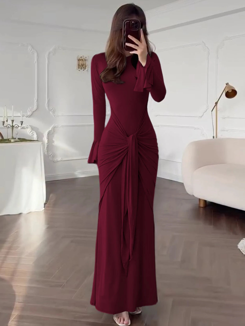 Dulzura O-Neck Long Flare Sleeve Ruched Lace Up Slim Long Dress Women'S Fashion Elegant Clothes Party Club Street Autumn Outfit