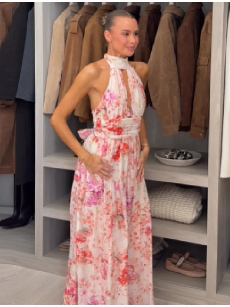 Floral Print Halter Maxi Dress Women Spring V Neck A Line Vacation Vestidos Backless Sleeveless Robes 2026 NEW Lady Long Dresses