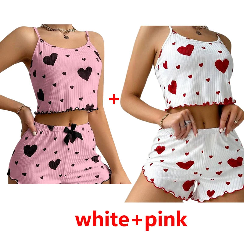 2 Pieces Set Women'S Pajama Shorts Suit Homewear Print Underwear Sexy Lingerie Camisoles Tanks Nighty Ladies Sleepwear Summer Pa