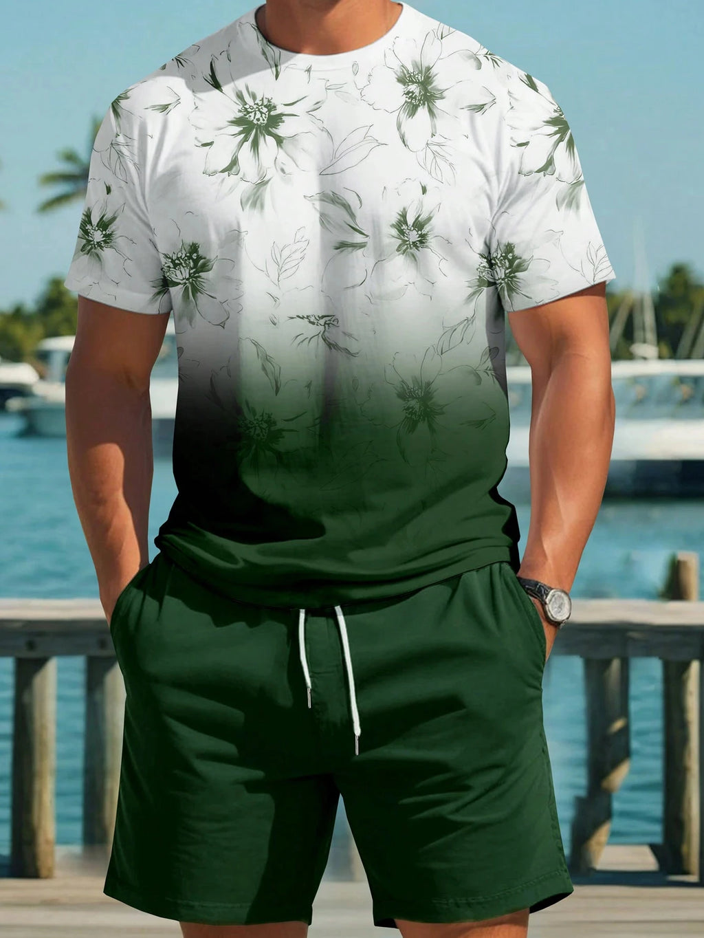 Summer New Men's Short-sleeved Hawaiian Print Two-piece Beach Vacation Breathable Short-sleeved With Drawstring Loose Shorts