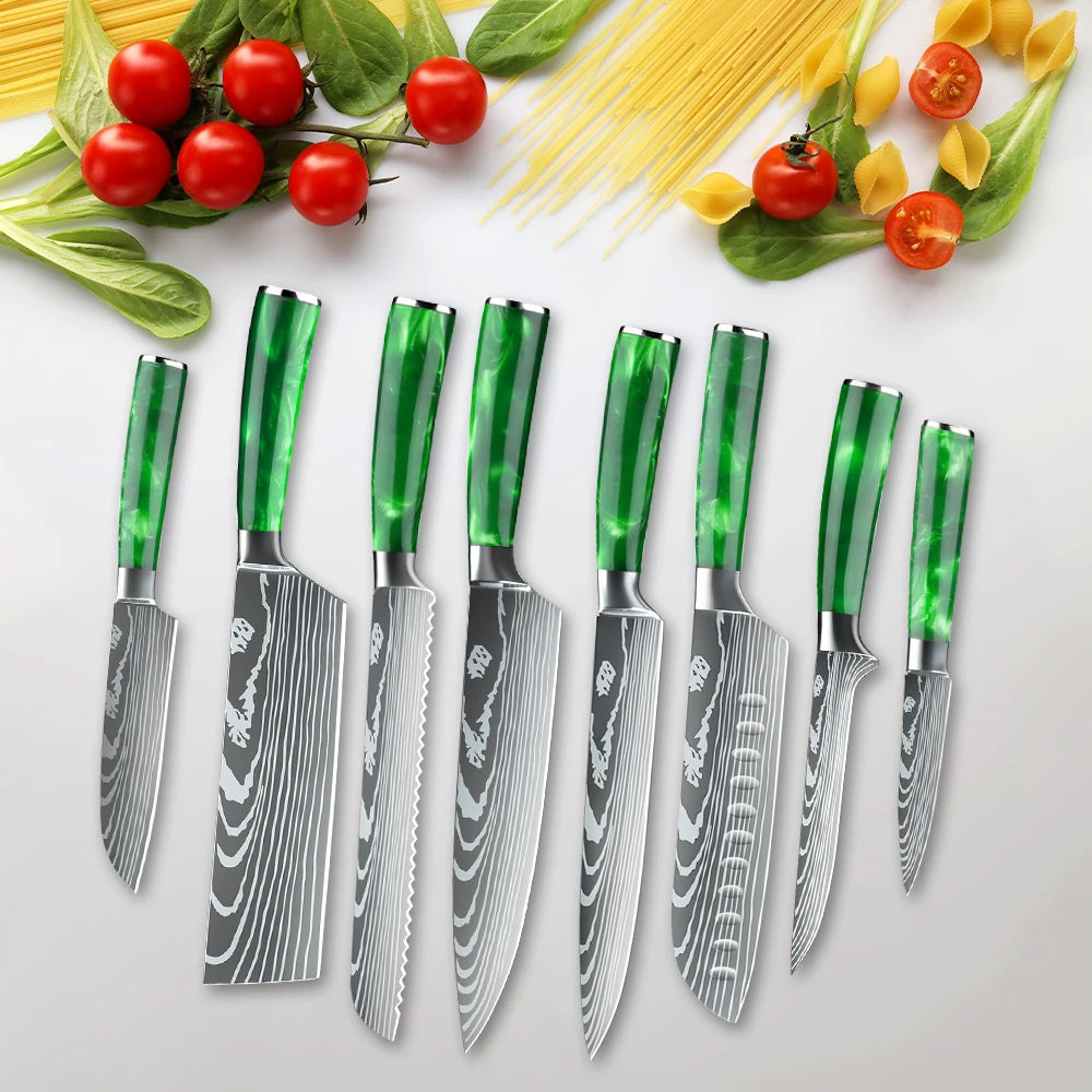 8PCS Utility Kitchen Knifes Resin Handle Carbon Steel Chef Knives Meat Cleaver Fruit Vegetable Slicing  Knife Cooking Tool